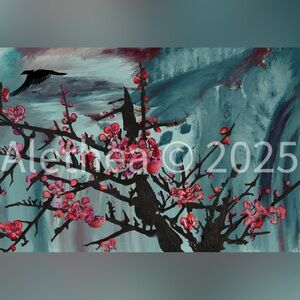 4.5x5 My Magnet Painting of Chinese Plum Blossoms & bird  in teal & pink